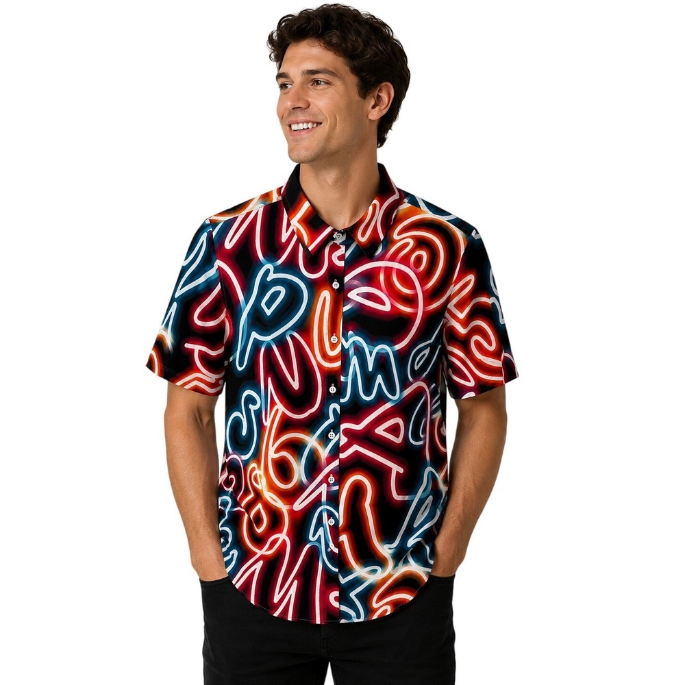 Neon Graffiti Print Short Sleeve Button Up Shirt Men's Large